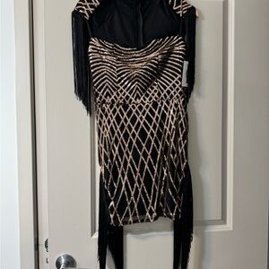 Black Mini Dress with Gold Sequin Geometric Pattern